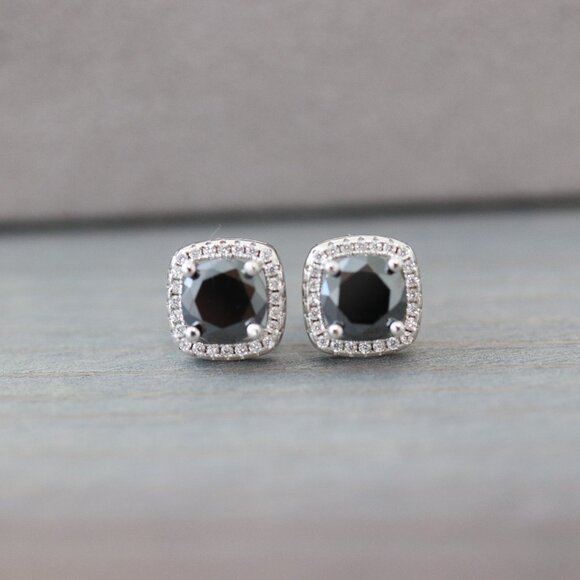 S925 2cttw Black Moissanite Diamond Halo Style Stud Earrings Sterling Silver